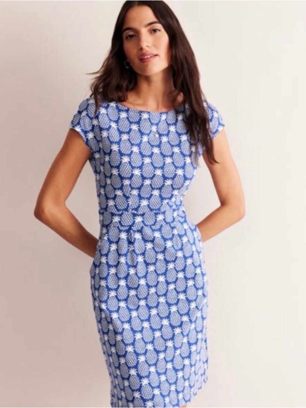 Boden Blue White Pineapple Cap Sleeve Florrie Jersey Knit Dress Size 12L